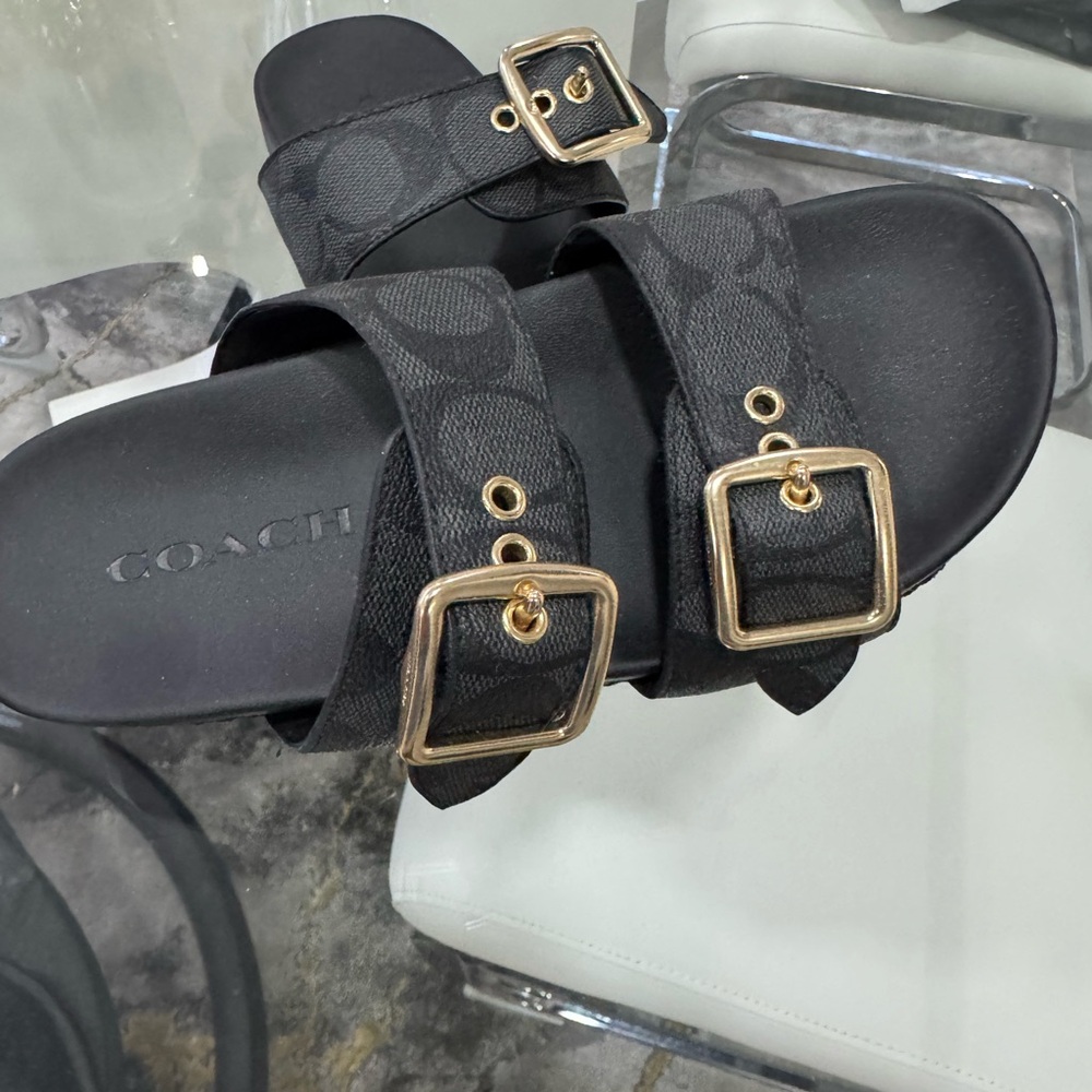 Coach Black Monogram Double Buckle Slide Sandals